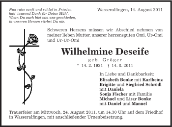 Traueranzeige von Wilhelmine Deseife von Schwäbische Post