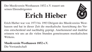 Traueranzeige von Erich Hieber von Schwäbische Post