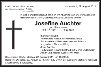 Traueranzeige von Josefine Auchter von Schwäbische Post