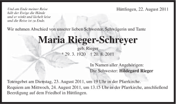 Traueranzeige von Maria Rieger-Schreyer von Schwäbische Post