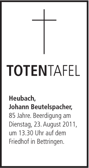 Traueranzeige von Johann Beutelspacher von Gmünder Tagespost