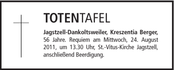 Traueranzeige von Kreszentia Berger von Schwäbische Post