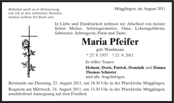 Traueranzeige von Maria Pfeifer von Gmünder Tagespost