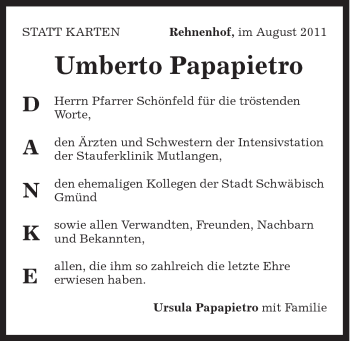 Traueranzeige von Umberto Papapietro von Gmünder Tagespost