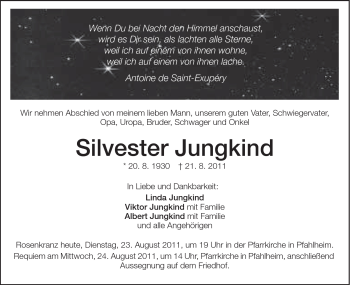 Traueranzeige von Silvester Jungkind von Schwäbische Post