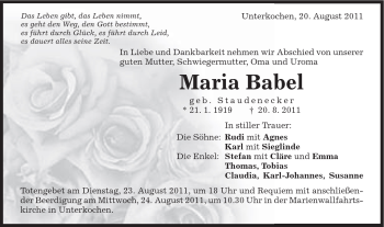 Traueranzeige von Maria Babel von Schwäbische Post