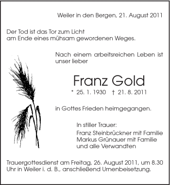 Traueranzeige von Franz Gold von Gmünder Tagespost