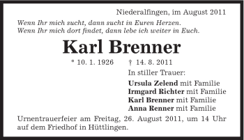 Traueranzeige von Karl Brenner von Schwäbische Post