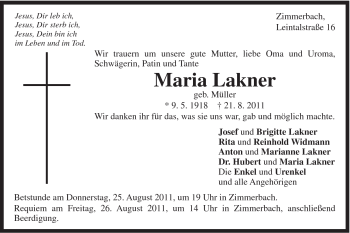 Traueranzeige von Maria Lakner von Gmünder Tagespost