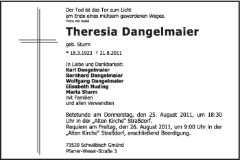Traueranzeige von Theresia Dangelmaier von Gmünder Tagespost