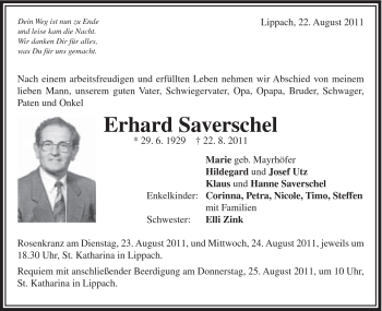 Traueranzeige von Erhard Saverschel von Schwäbische Post