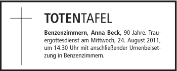 Traueranzeige von Anna Beck von Schwäbische Post