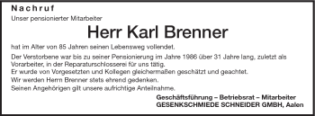 Traueranzeige von Karl Brenner von Schwäbische Post