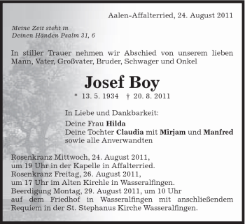Traueranzeige von Josef Boy von Schwäbische Post