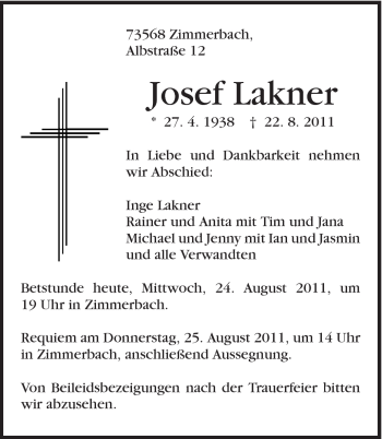 Traueranzeige von Josef Lakner von Gmünder Tagespost