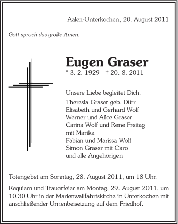 Traueranzeige von Eugen Graser von Schwäbische Post