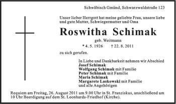 Traueranzeige von Roswitha Schimak von Gmünder Tagespost