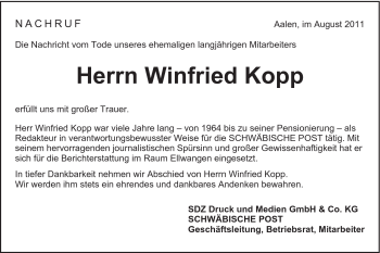 Traueranzeige von Winfried Kopp von Schwäbische Post