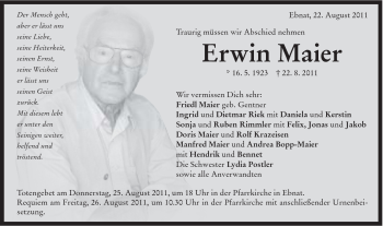 Traueranzeige von Erwin Maier von Schwäbische Post