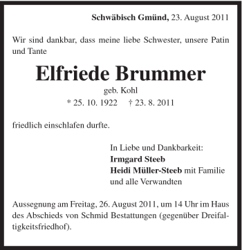 Traueranzeige von Elfriede Brummer von Gmünder Tagespost