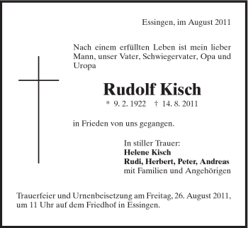 Traueranzeige von Andreas Kisch von Schwäbische Post