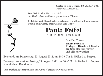 Traueranzeige von Paula Feifel von Gmünder Tagespost