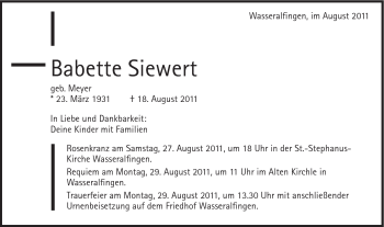 Traueranzeige von Babette Siewert von Schwäbische Post