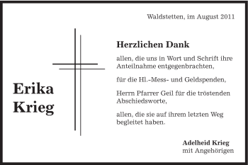 Traueranzeige von Erika Krieg von Gmünder Tagespost