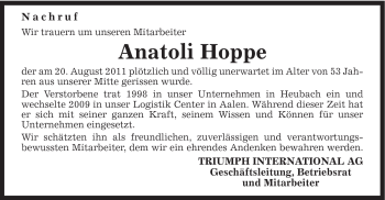 Traueranzeige von Anatoli Hoppe von Gmünder Tagespost