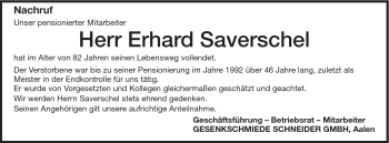 Traueranzeige von Erhard Saverschel von Schwäbische Post