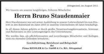 Traueranzeige von Bruno Staudenmaier von Schwäbische Post