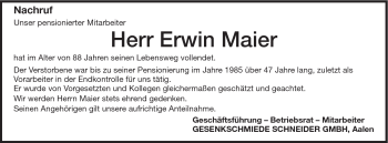 Traueranzeige von Erwin Maier von Schwäbische Post