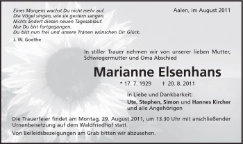 Traueranzeige von Marianne Elsenhans von Schwäbische Post