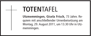 Traueranzeige von Gisela Frisch von Schwäbische Post