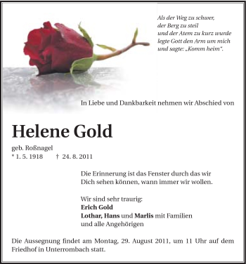 Traueranzeige von Helene Gold von Schwäbische Post