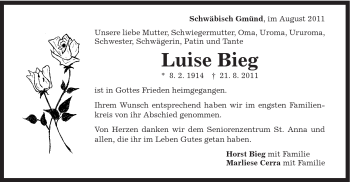Traueranzeige von Luise Bieg von Gmünder Tagespost