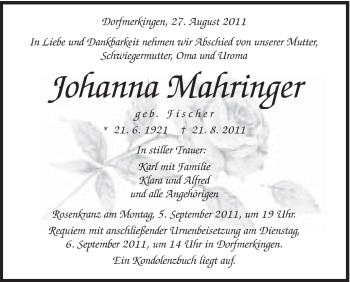 Traueranzeige von Johanna mAHRINGER von Schwäbische Post