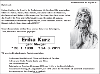Traueranzeige von Erika Kurz von Gmünder Tagespost