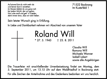 Traueranzeige von Roland Will von Gmünder Tagespost