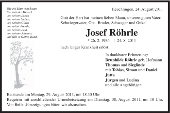 Traueranzeige von Josef Röhrle von Gmünder Tagespost