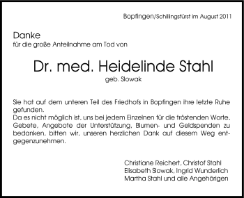 Traueranzeige von Dr. med. Heidelinde Stahl von Schwäbische Post