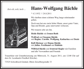 Traueranzeige von Hans-Wolfgang Bächle von Gmünder Tagespost