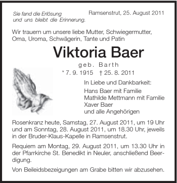 Traueranzeige von Viktoria Baer von Schwäbische Post
