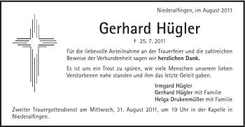 Traueranzeige von Hügler Gerhard von Schwäbische Post