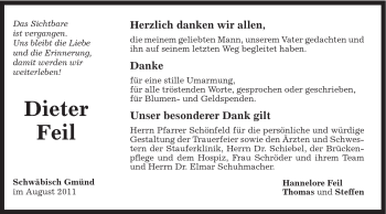 Traueranzeige von Dieter Feil von Gmünder Tagespost