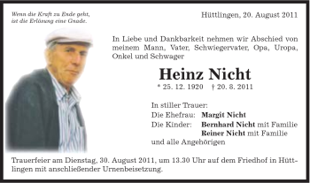Traueranzeige von Heinz Nicht von Schwäbische Post