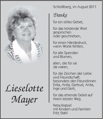 Traueranzeige von Lieselotte Mayer von Schwäbische Post