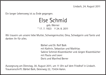 Traueranzeige von Else Schmid von Gmünder Tagespost