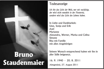 Traueranzeige von Bruno Staudenmaier von Schwäbische Post