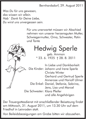 Traueranzeige von Hedwig Sperle von Schwäbische Post